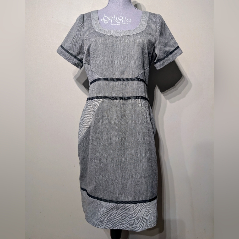 Brooklyn Industries Gray Sheath Dress Paneled Square Neck Ribbon Trim Workwear